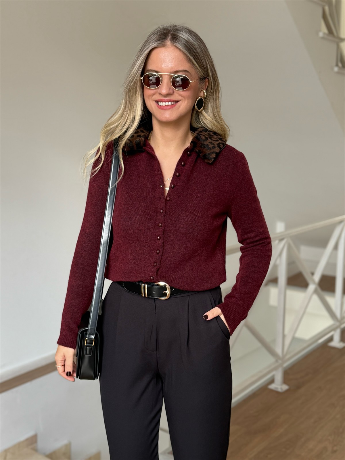 Yakası Leopar Kürk Triko Hırka - Bordo 