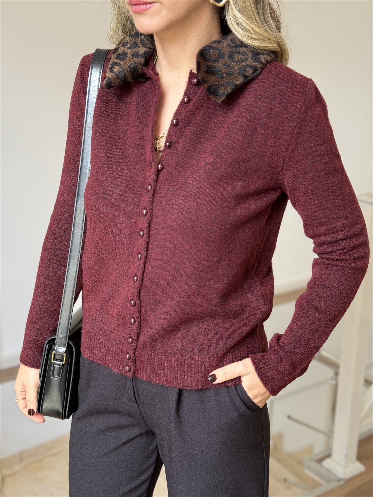 Yakası Leopar Kürk Triko Hırka - Bordo 