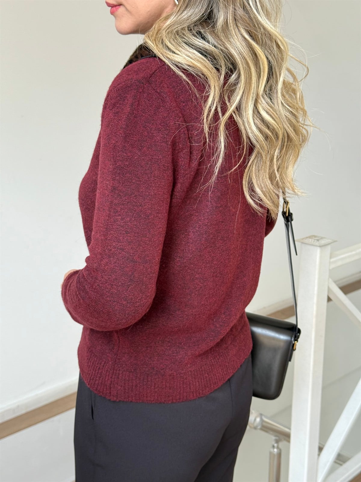 Yakası Leopar Kürk Triko Hırka - Bordo 