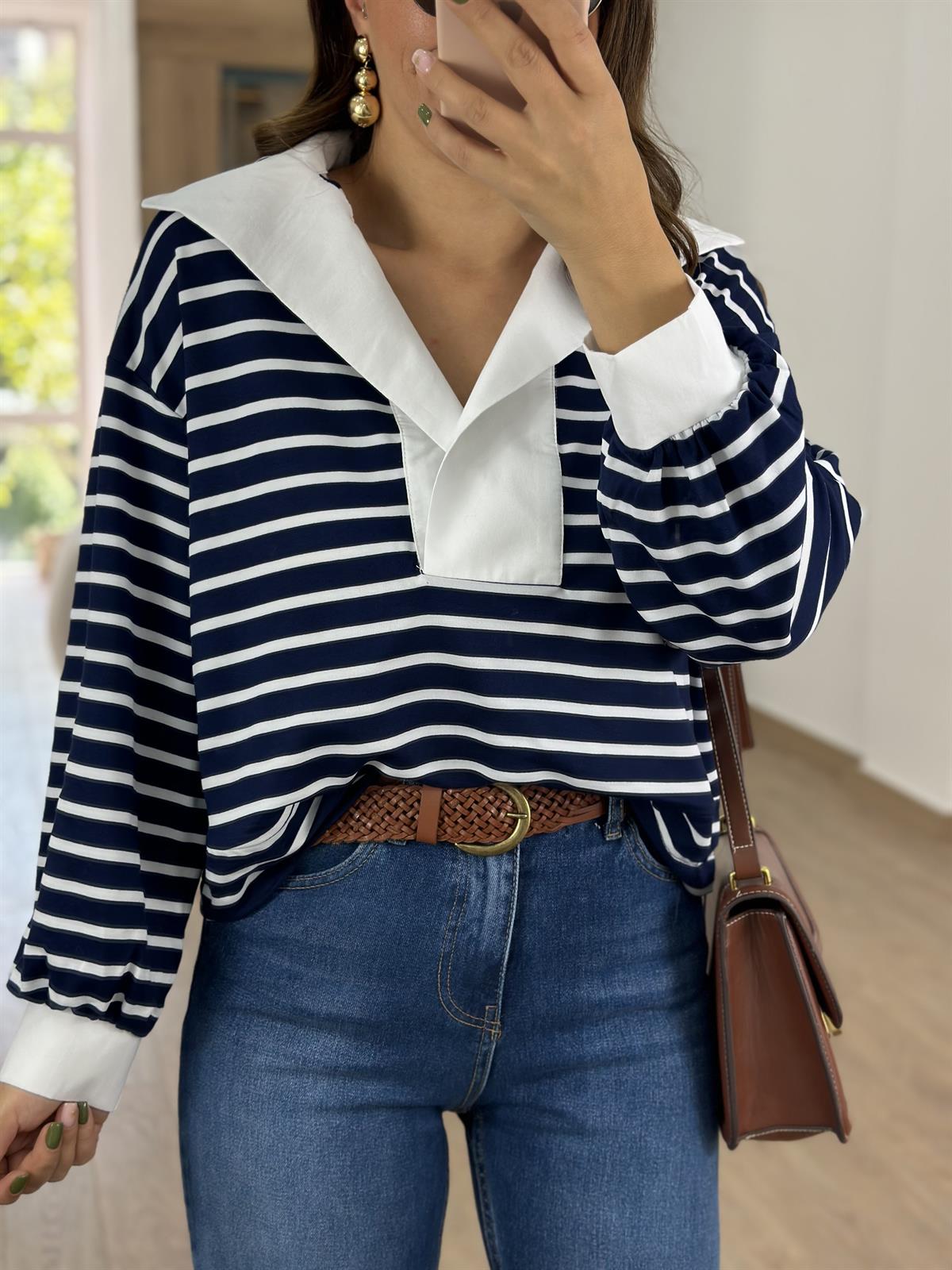 Yakası Poplin Detaylı Çizgili Sweat