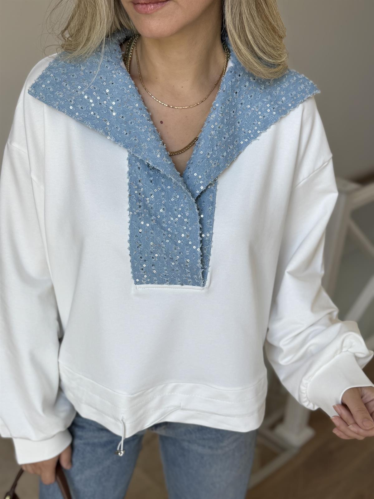 Yakası Pul İşlemeli Kot Garnili Sweatshirt