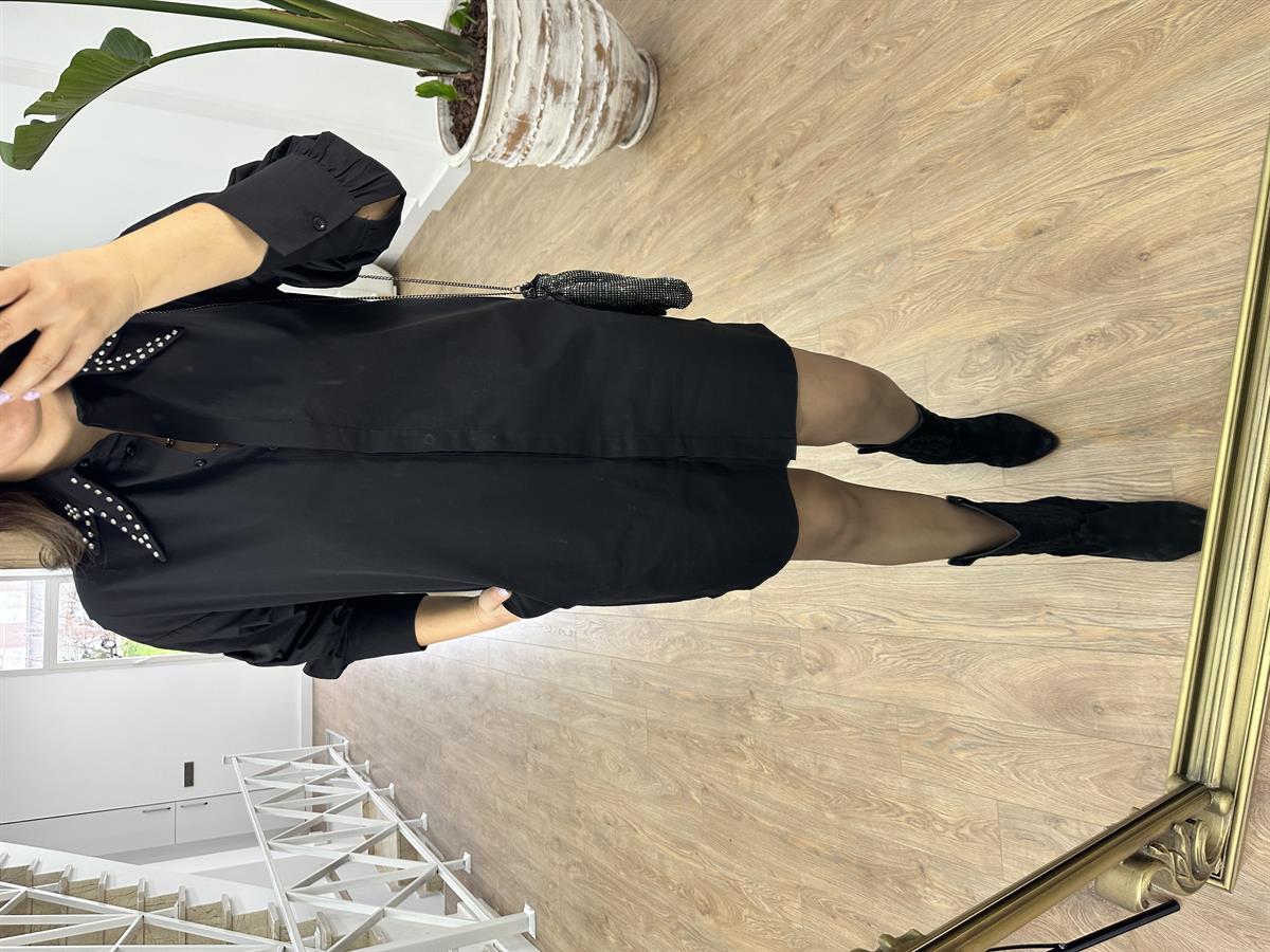 Yakası Taşlı Poplin Elbise