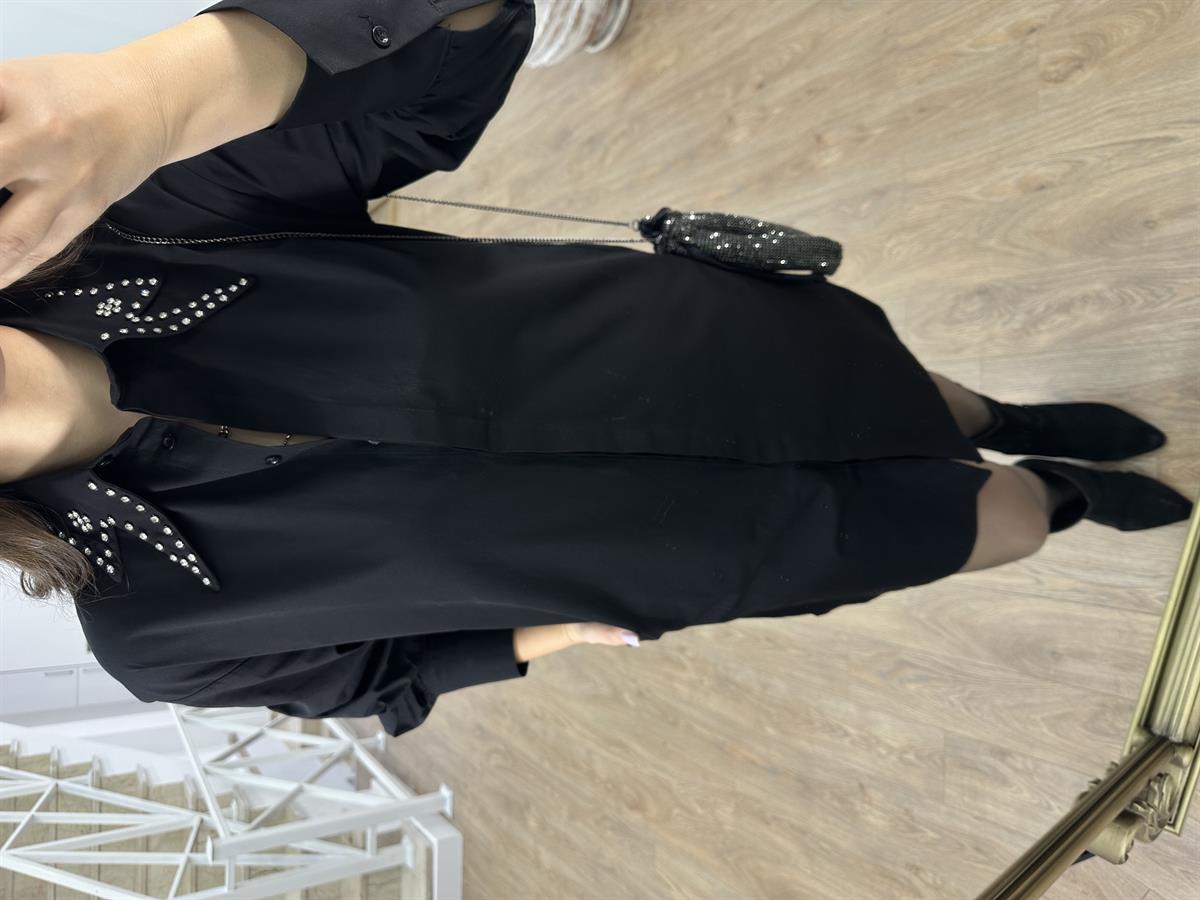 Yakası Taşlı Poplin Elbise