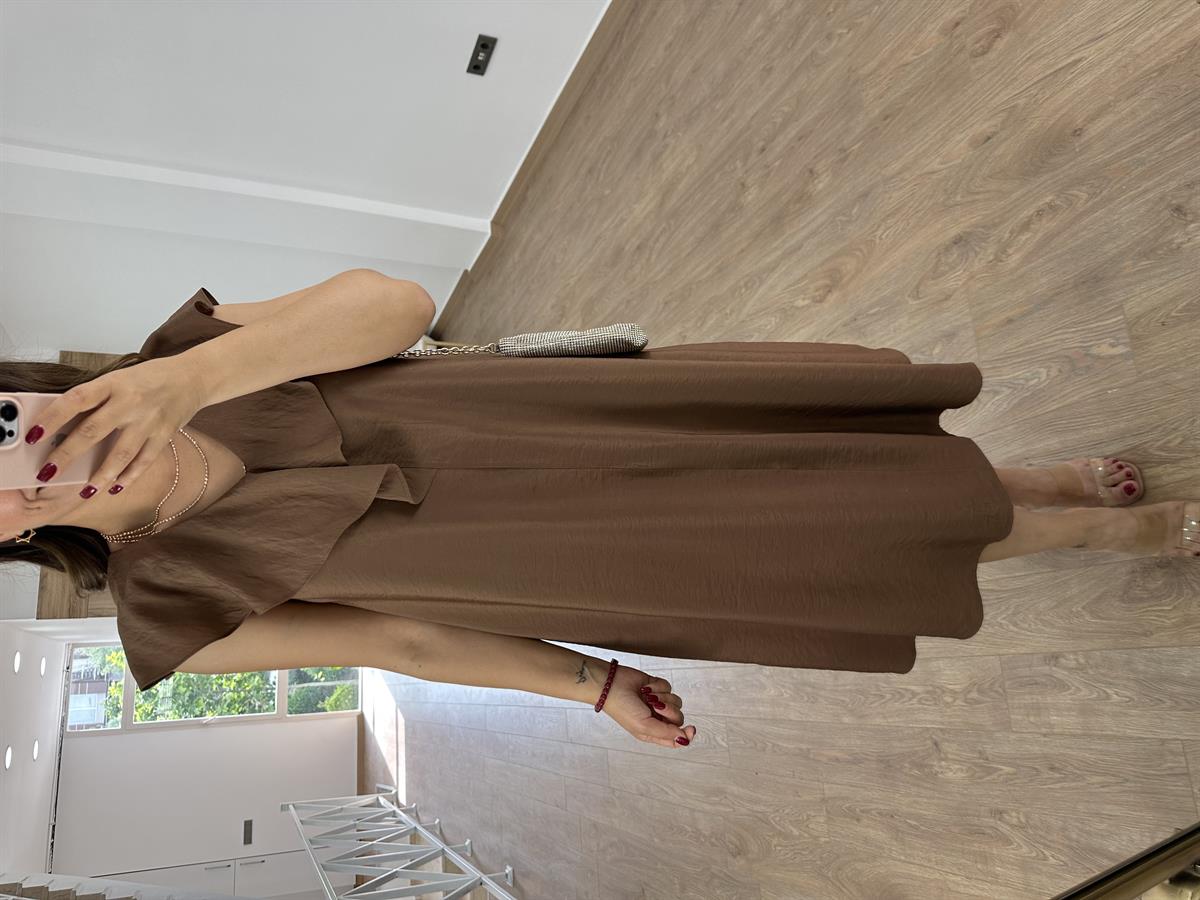 Yakası Volanlı Tnsel Elbise-Kahve