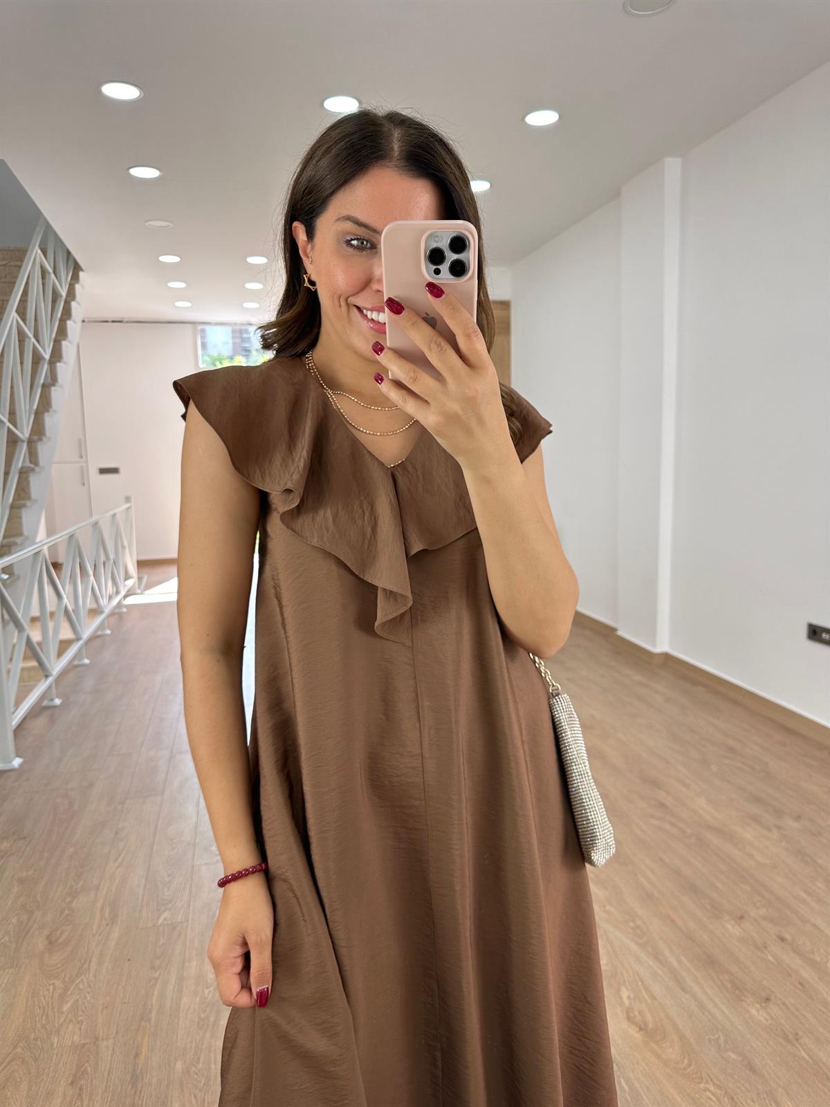 Yakası Volanlı Tnsel Elbise-Kahve