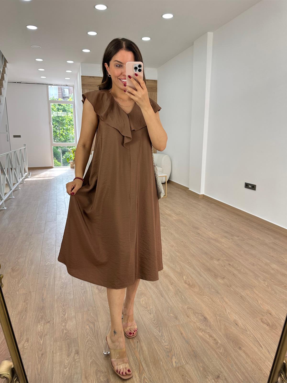 Yakası Volanlı Tnsel Elbise-Kahve