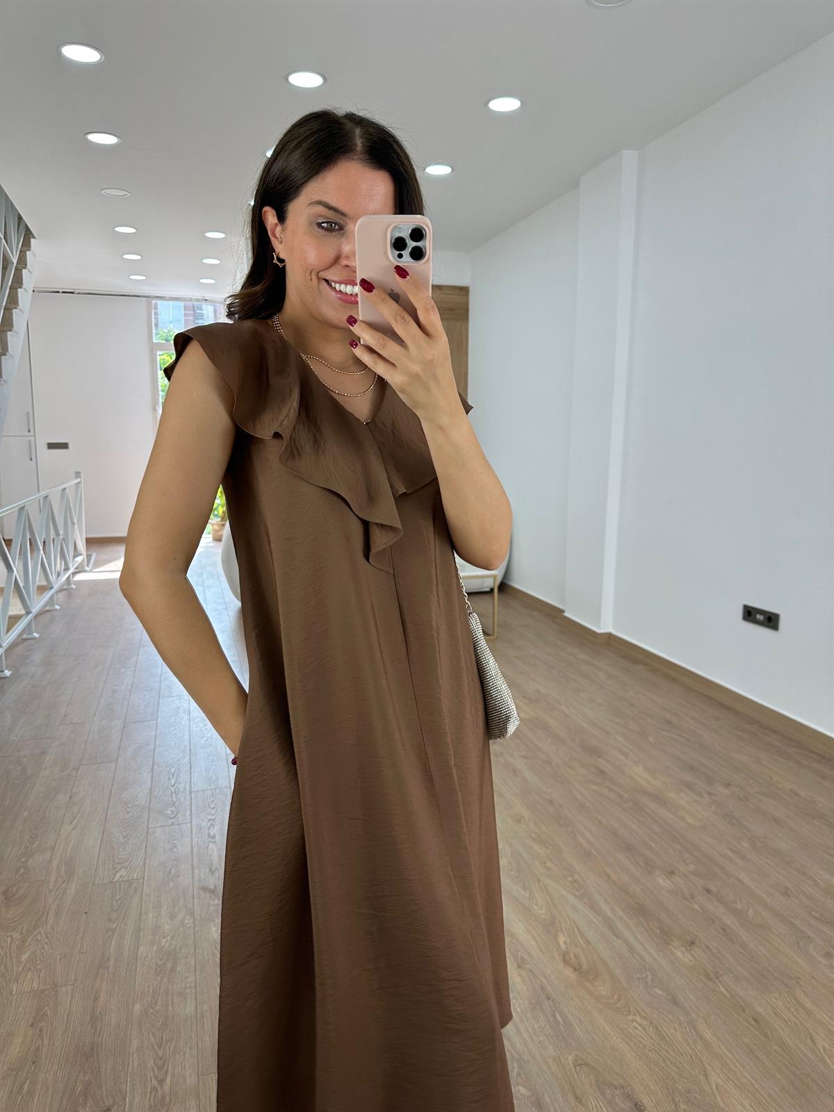Yakası Volanlı Tnsel Elbise-Kahve