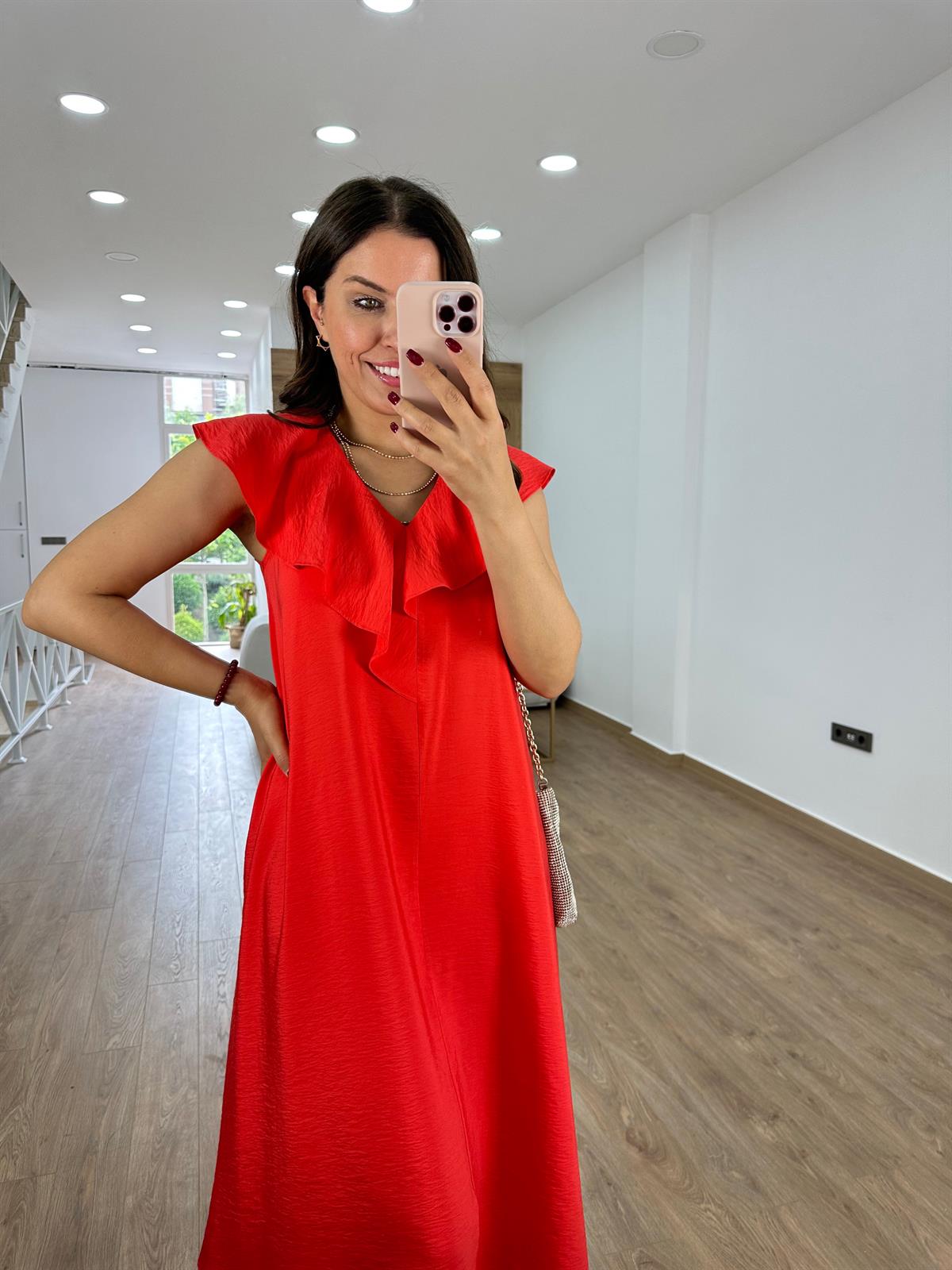 Yakası Volanlı Tnsel Elbise-Kırmızı