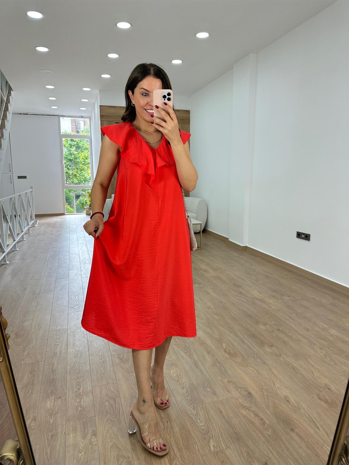 Yakası Volanlı Tnsel Elbise-Kırmızı