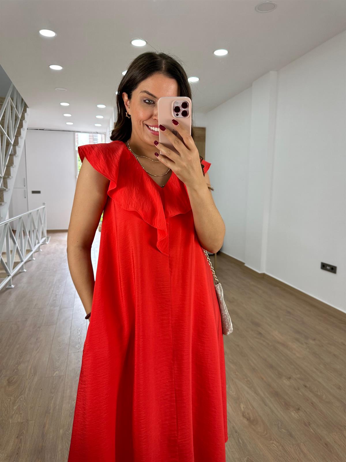 Yakası Volanlı Tnsel Elbise-Kırmızı