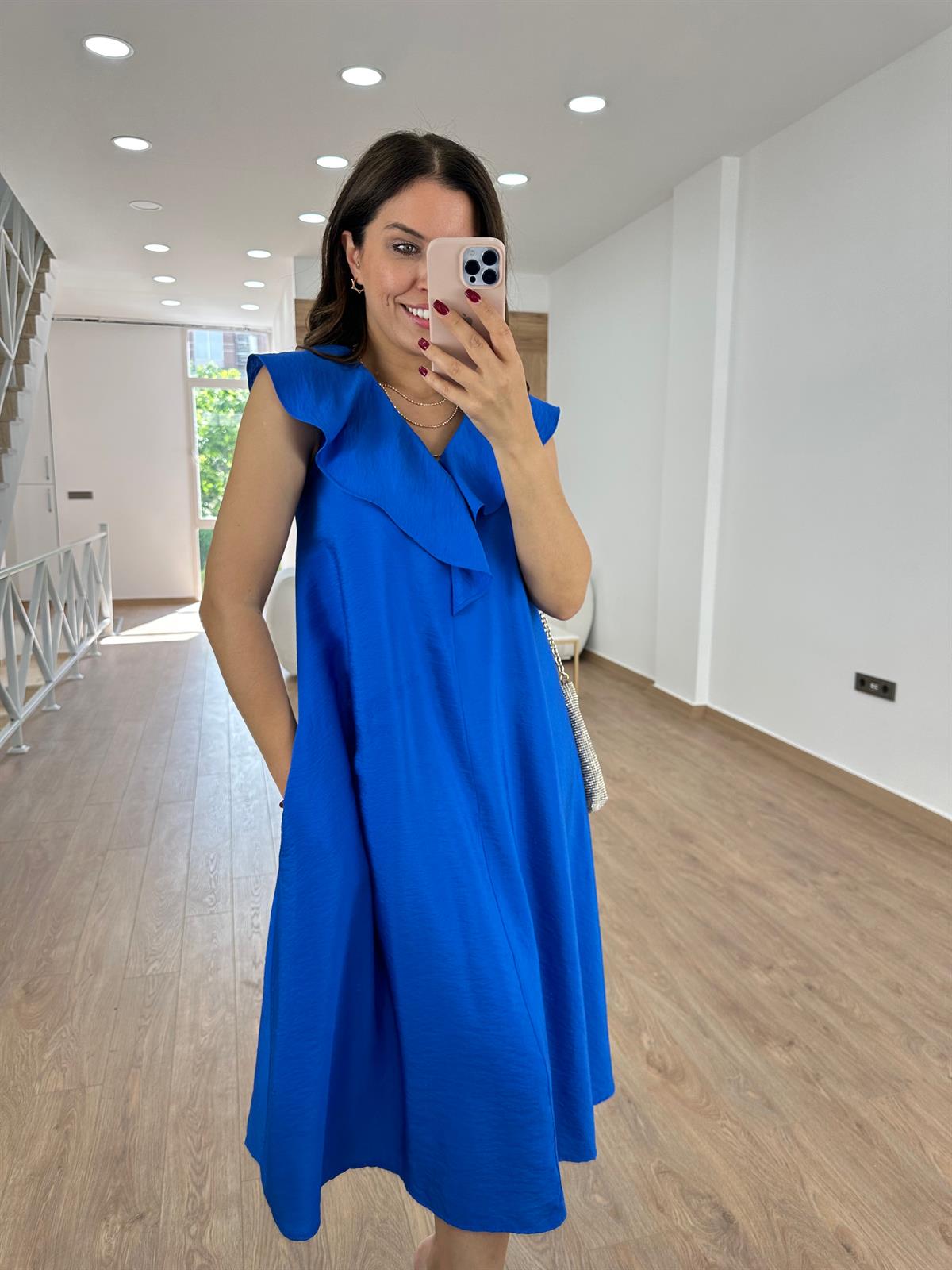 Yakası Volanlı Tnsel Elbise-Saks