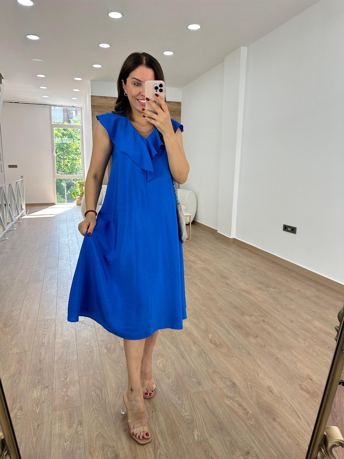 Yakası Volanlı Tnsel Elbise-Saks