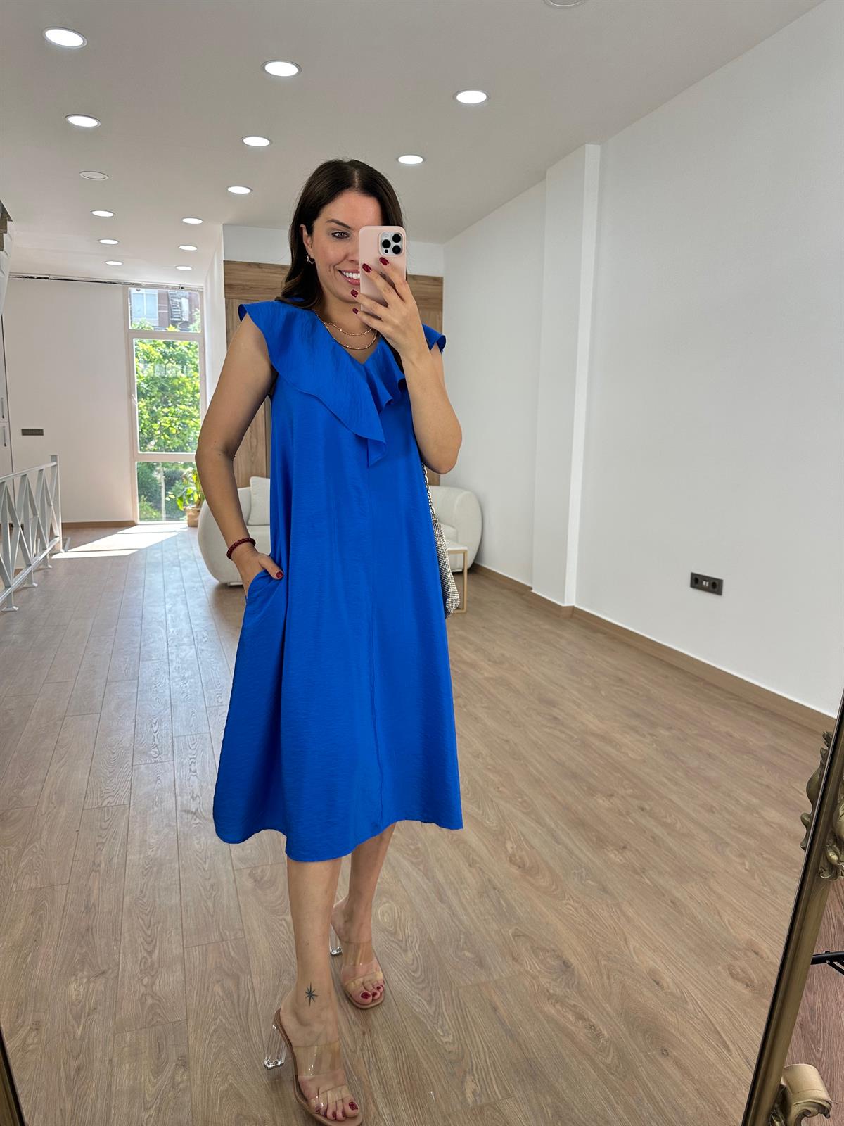 Yakası Volanlı Tnsel Elbise-Saks