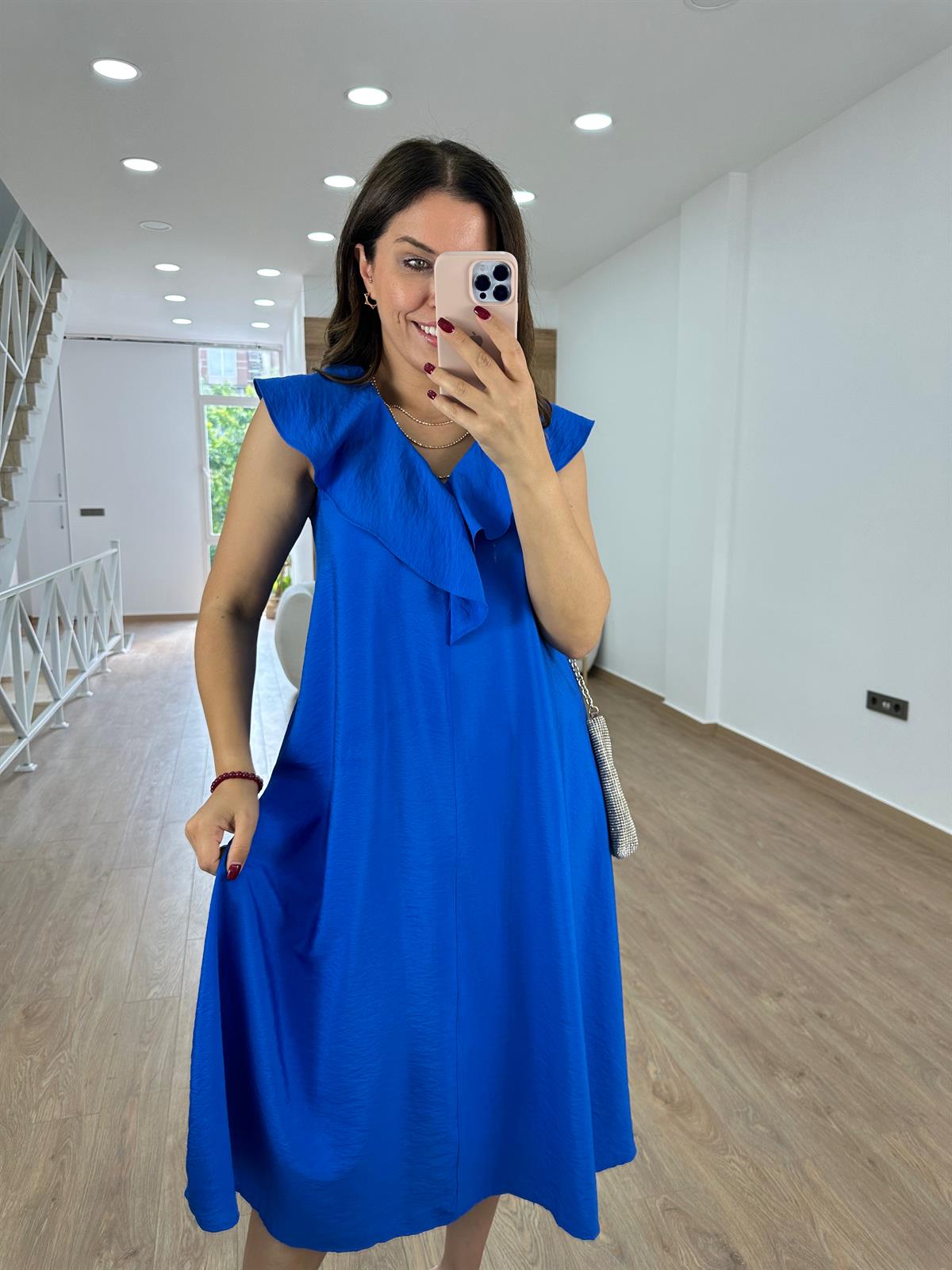 Yakası Volanlı Tnsel Elbise-Saks