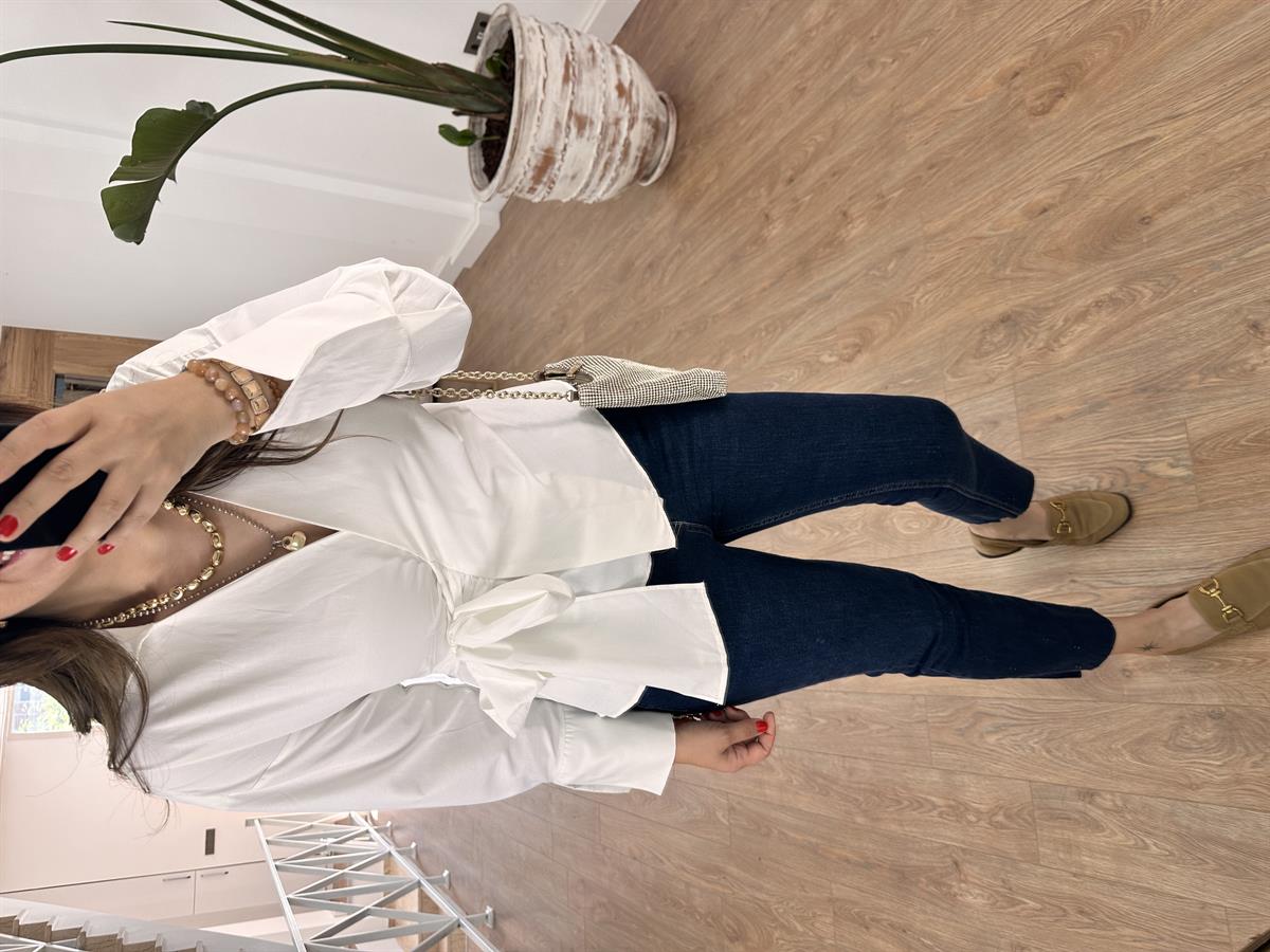 Yandan Bağlamalı Poplin Gömlek-Beyaz