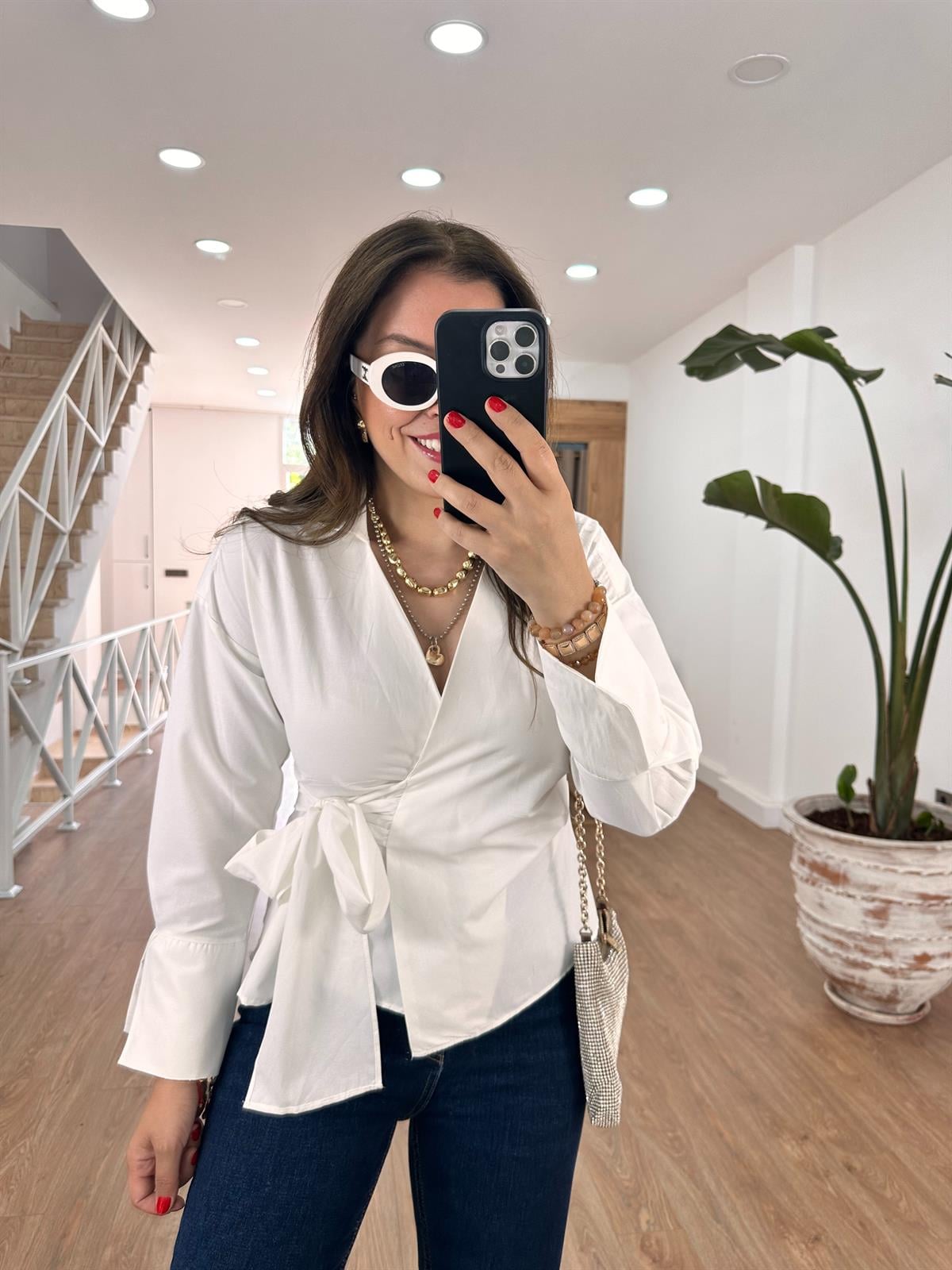 Yandan Bağlamalı Poplin Gömlek-Beyaz