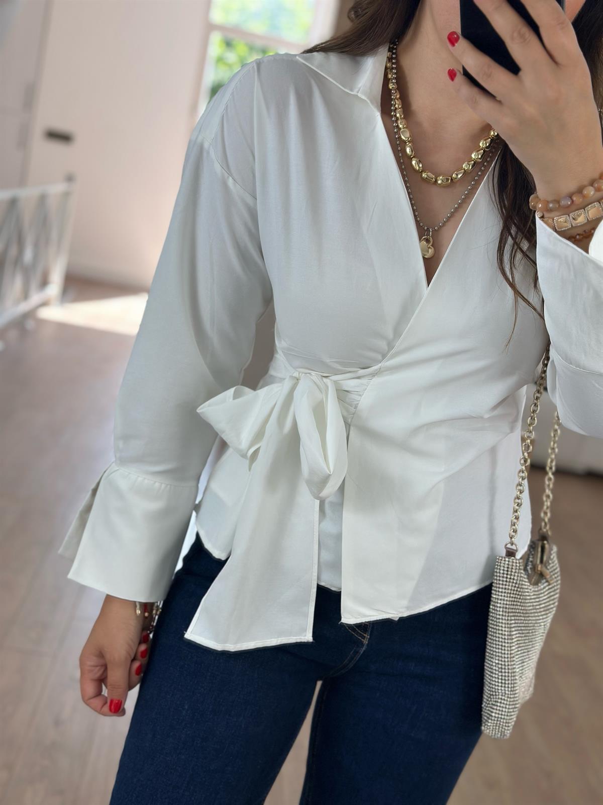 Yandan Bağlamalı Poplin Gömlek-Beyaz