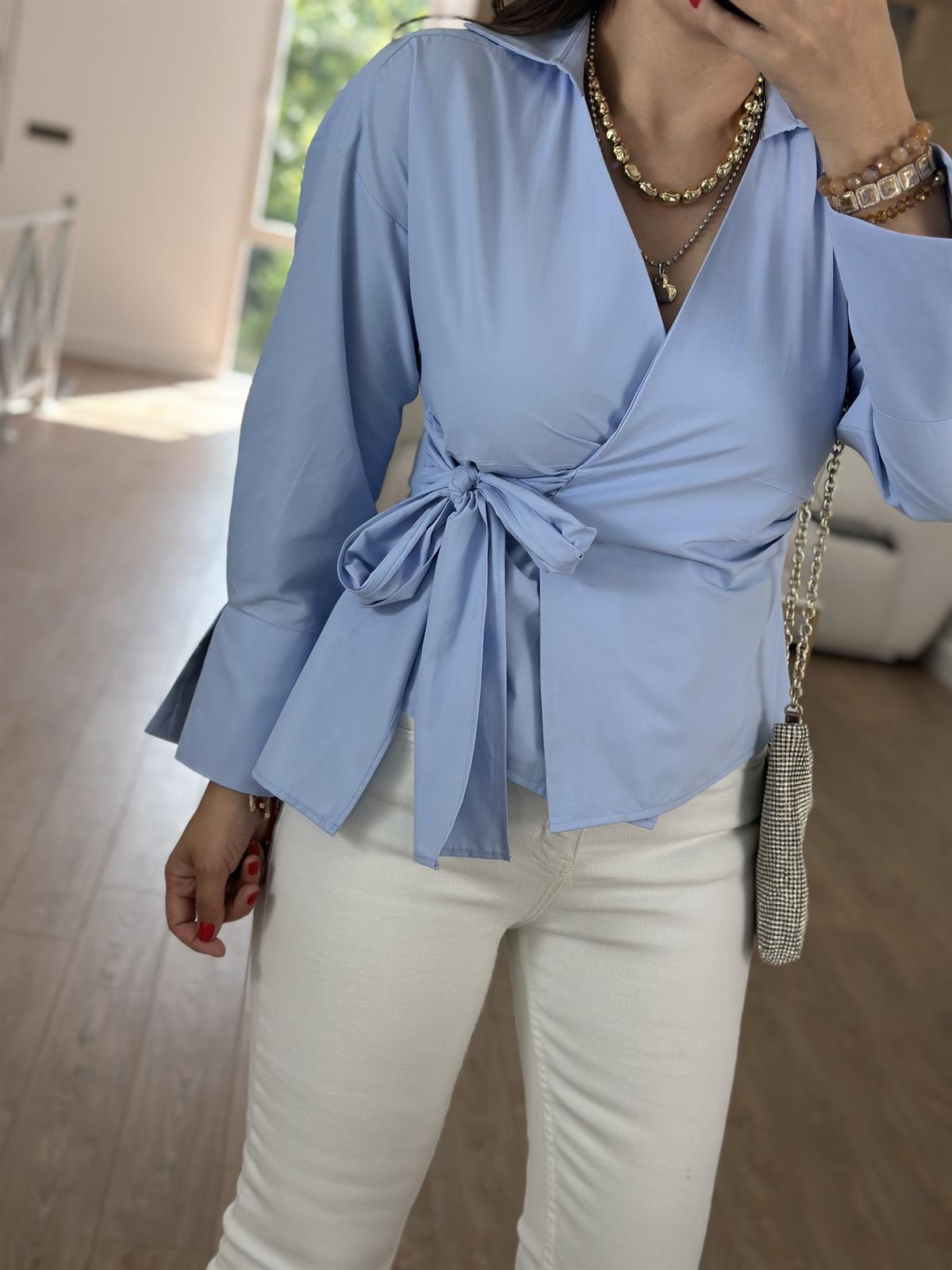 Yandan Bağlamalı Poplin Gömlek-Mavi