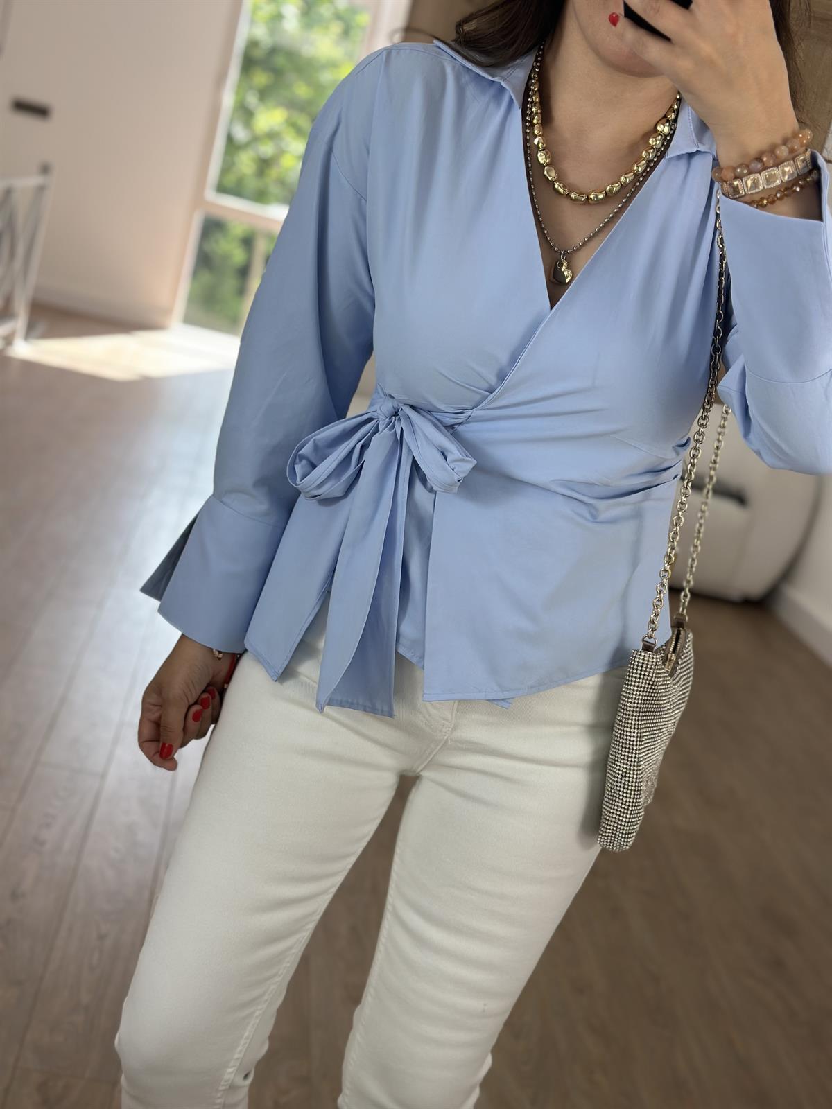 Yandan Bağlamalı Poplin Gömlek-Mavi