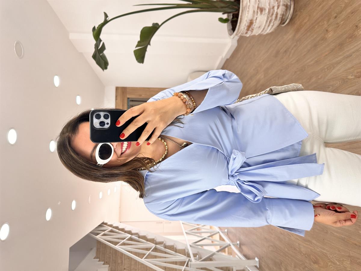 Yandan Bağlamalı Poplin Gömlek-Mavi