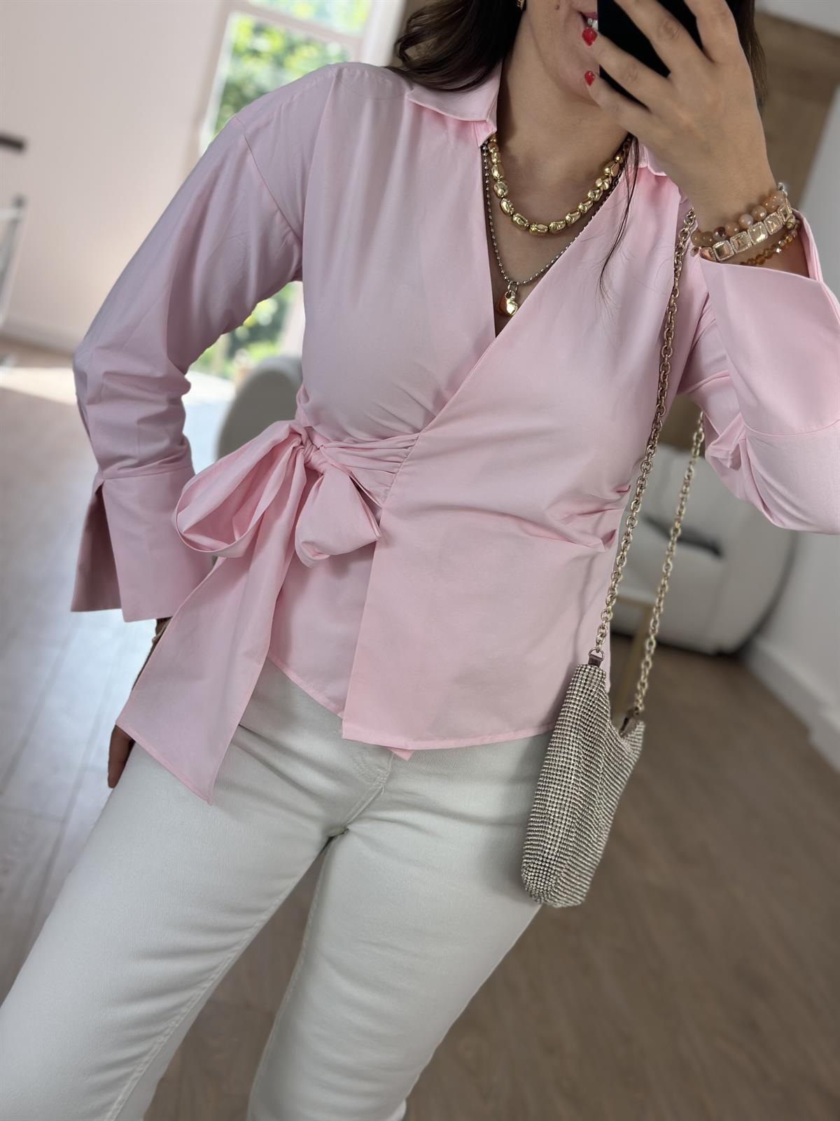 Yandan Bağlamalı Poplin Gömlek-Pembe