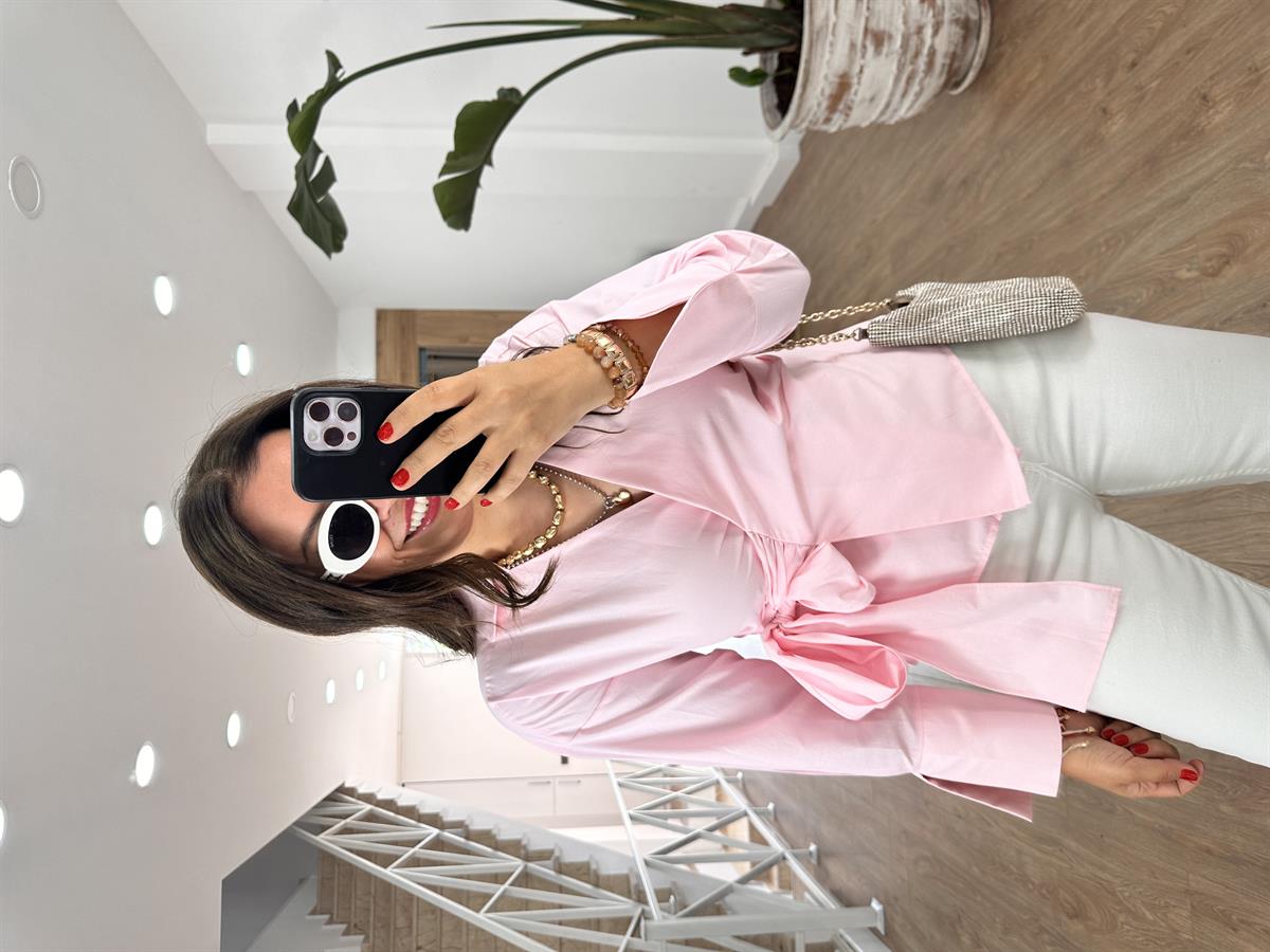 Yandan Bağlamalı Poplin Gömlek-Pembe