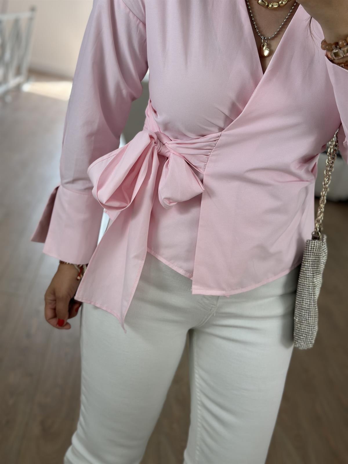 Yandan Bağlamalı Poplin Gömlek-Pembe