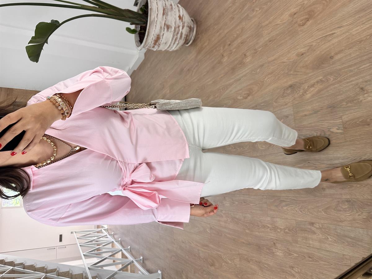 Yandan Bağlamalı Poplin Gömlek-Pembe