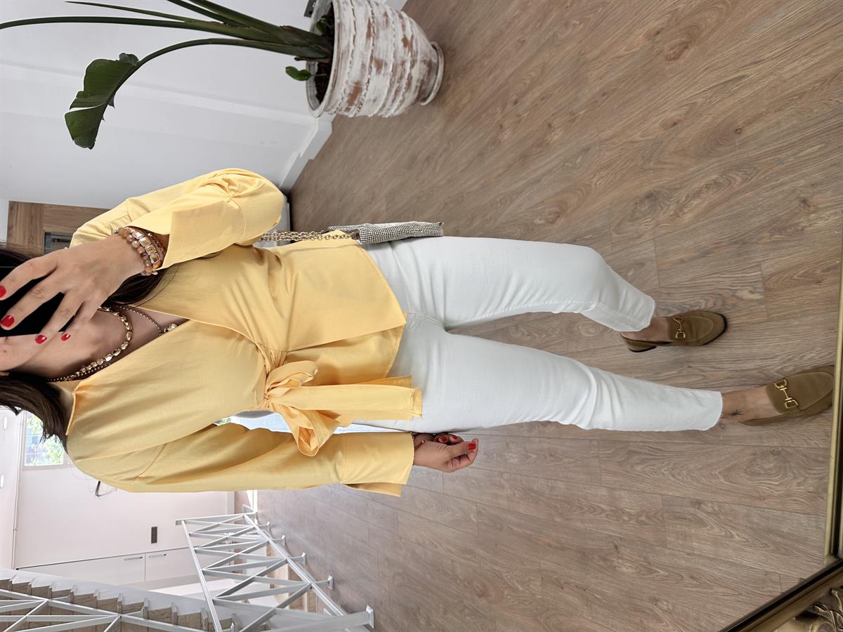 Yandan Bağlamalı Poplin Gömlek-Sarı