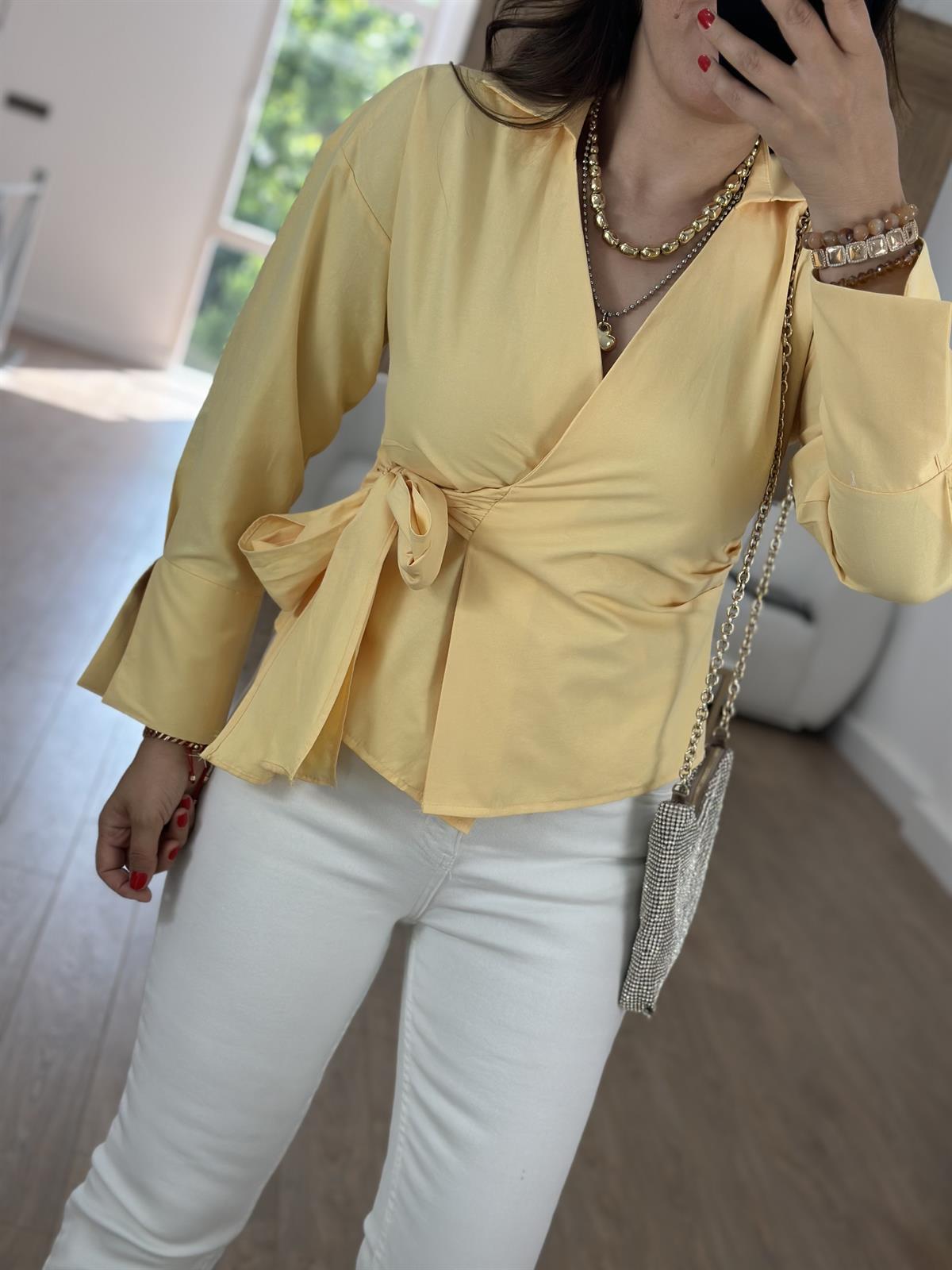 Yandan Bağlamalı Poplin Gömlek-Sarı