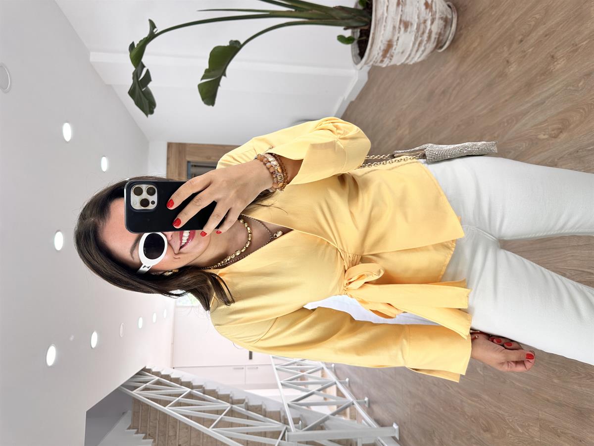 Yandan Bağlamalı Poplin Gömlek-Sarı