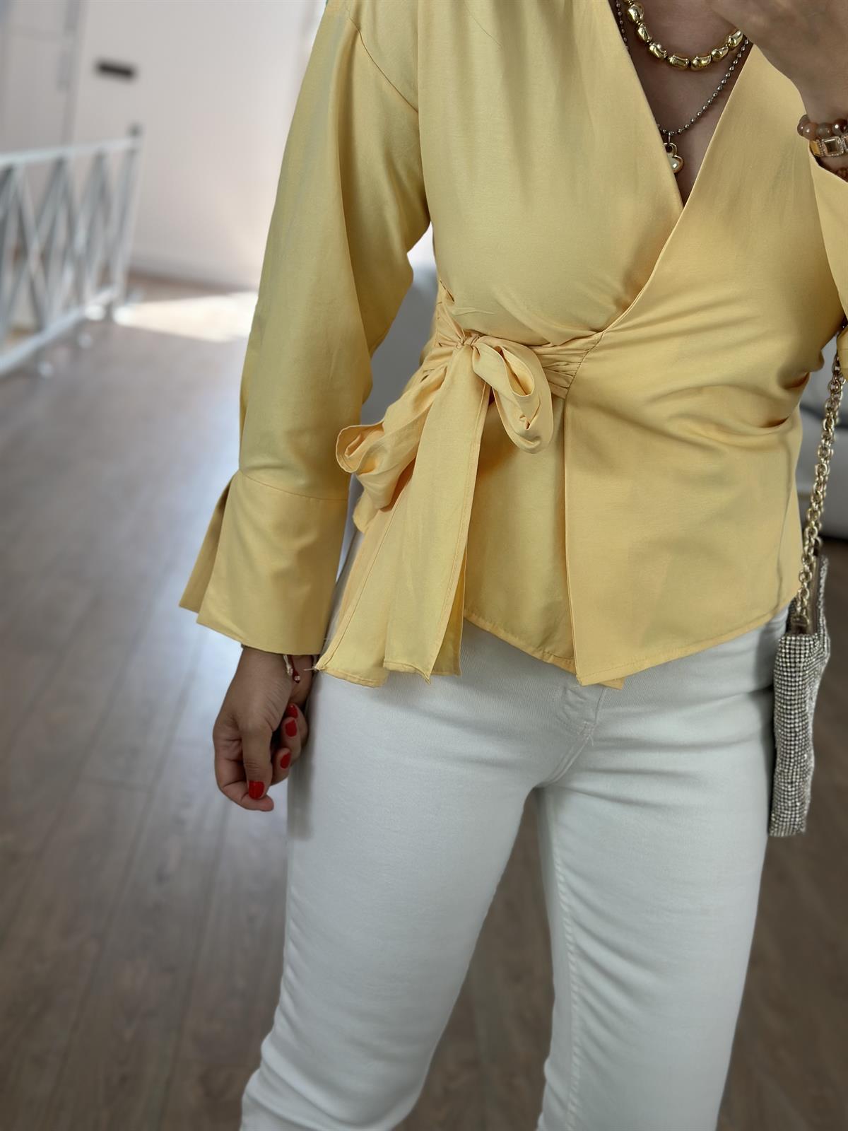 Yandan Bağlamalı Poplin Gömlek-Sarı