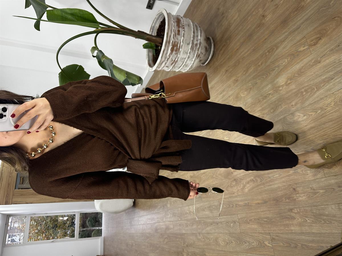 Yandan Bağmalı Triko Kazak - Kahverengi