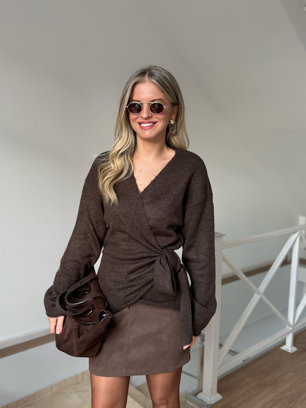 Yandan Bağlamalı Triko Kazak - Kahverengi