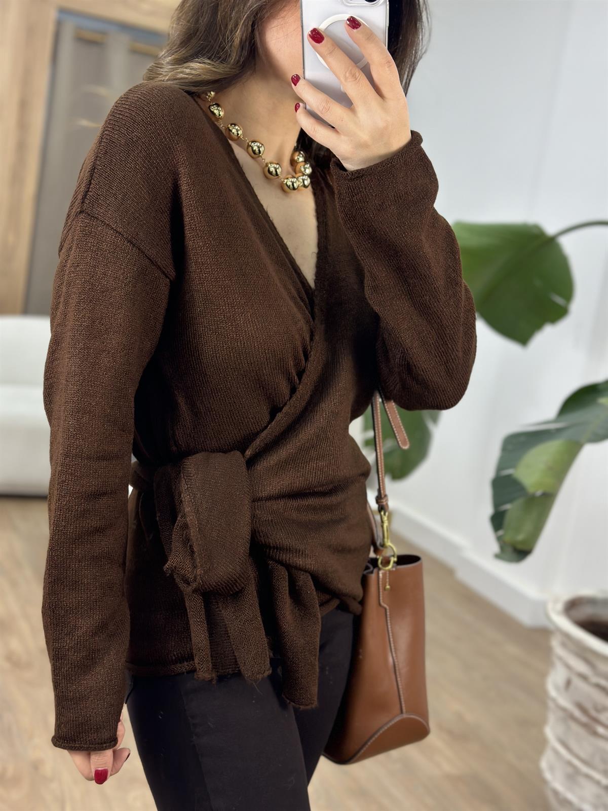 Yandan Bağmalı Triko Kazak - Kahverengi