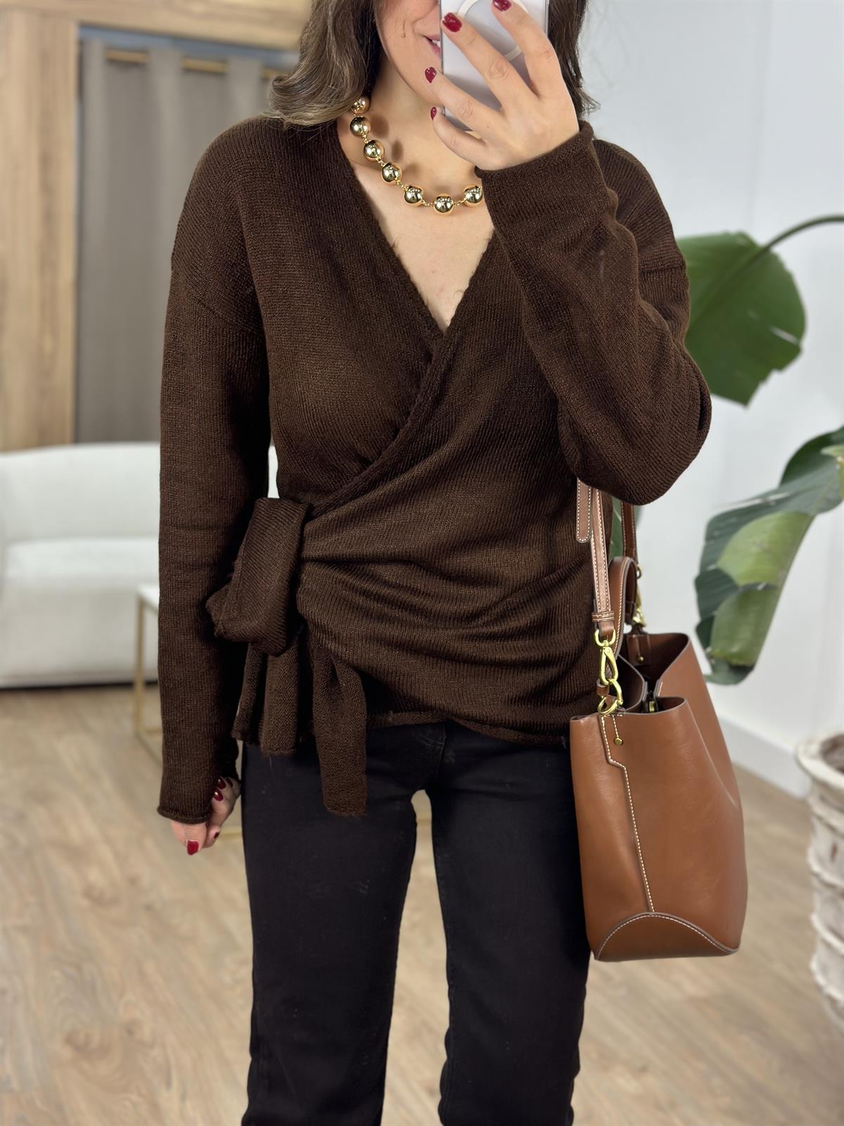 Yandan Bağmalı Triko Kazak - Kahverengi