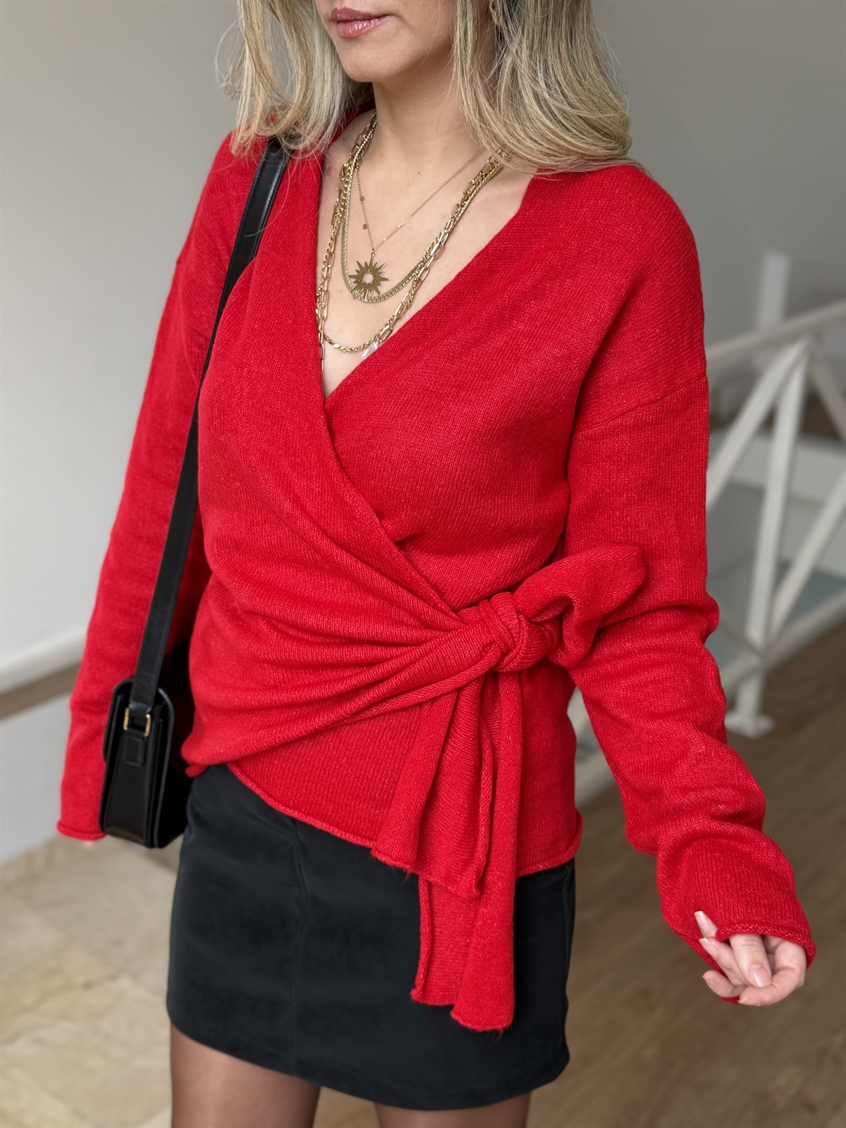 Yandan Bağlamalı Triko Kazak - Kırmızı