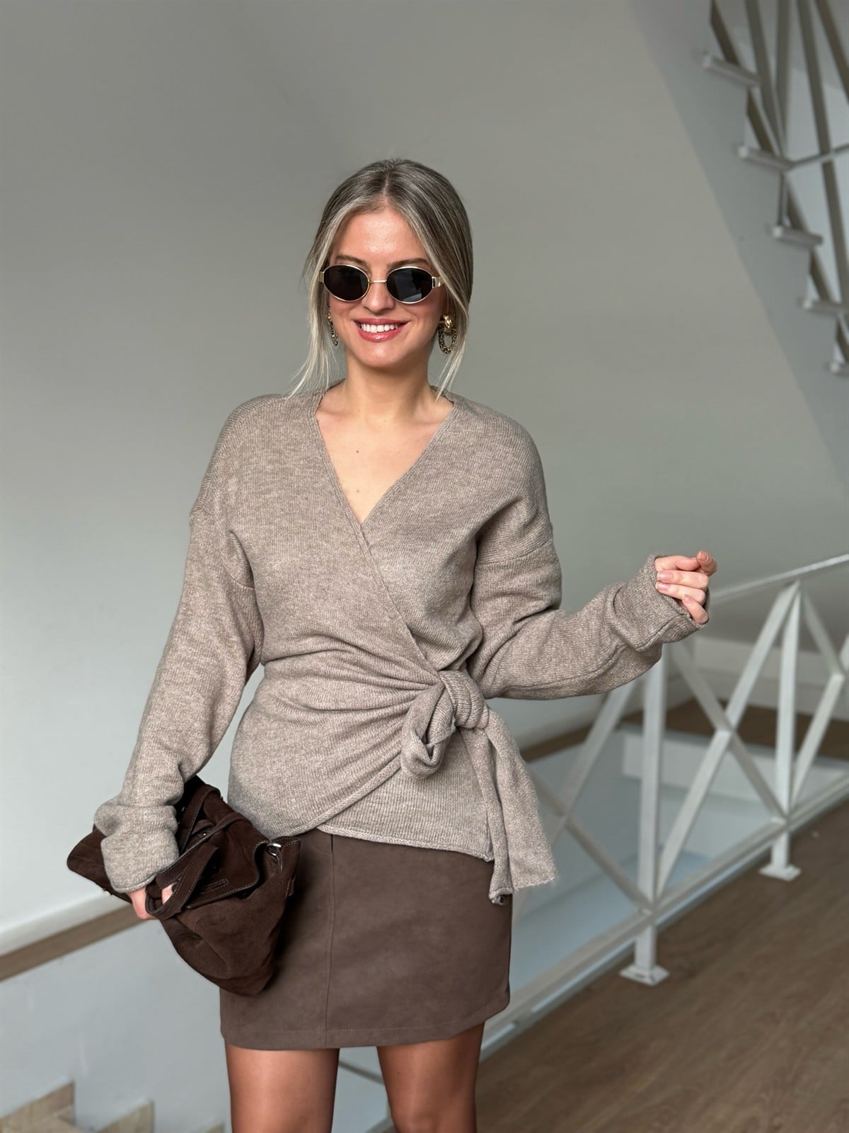 Yandan Bağlamalı Triko Kazak - Vizon