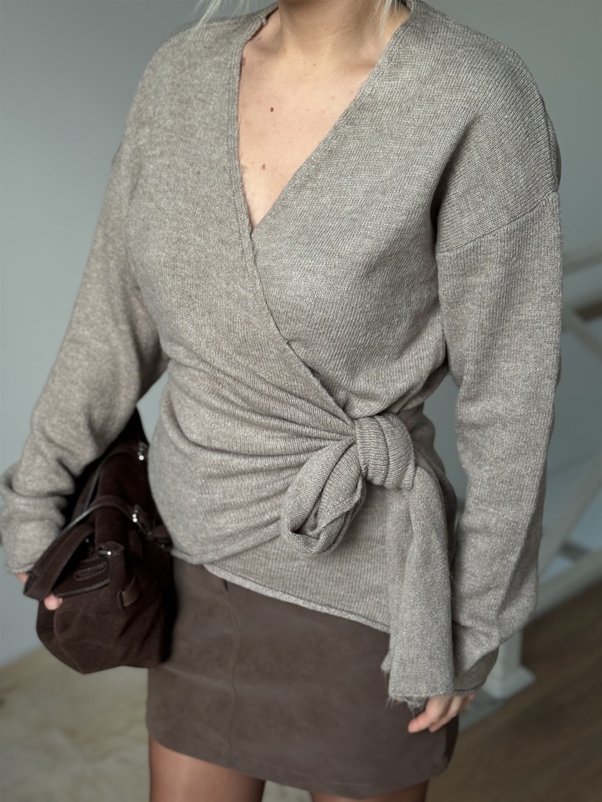 Yandan Bağlamalı Triko Kazak - Vizon