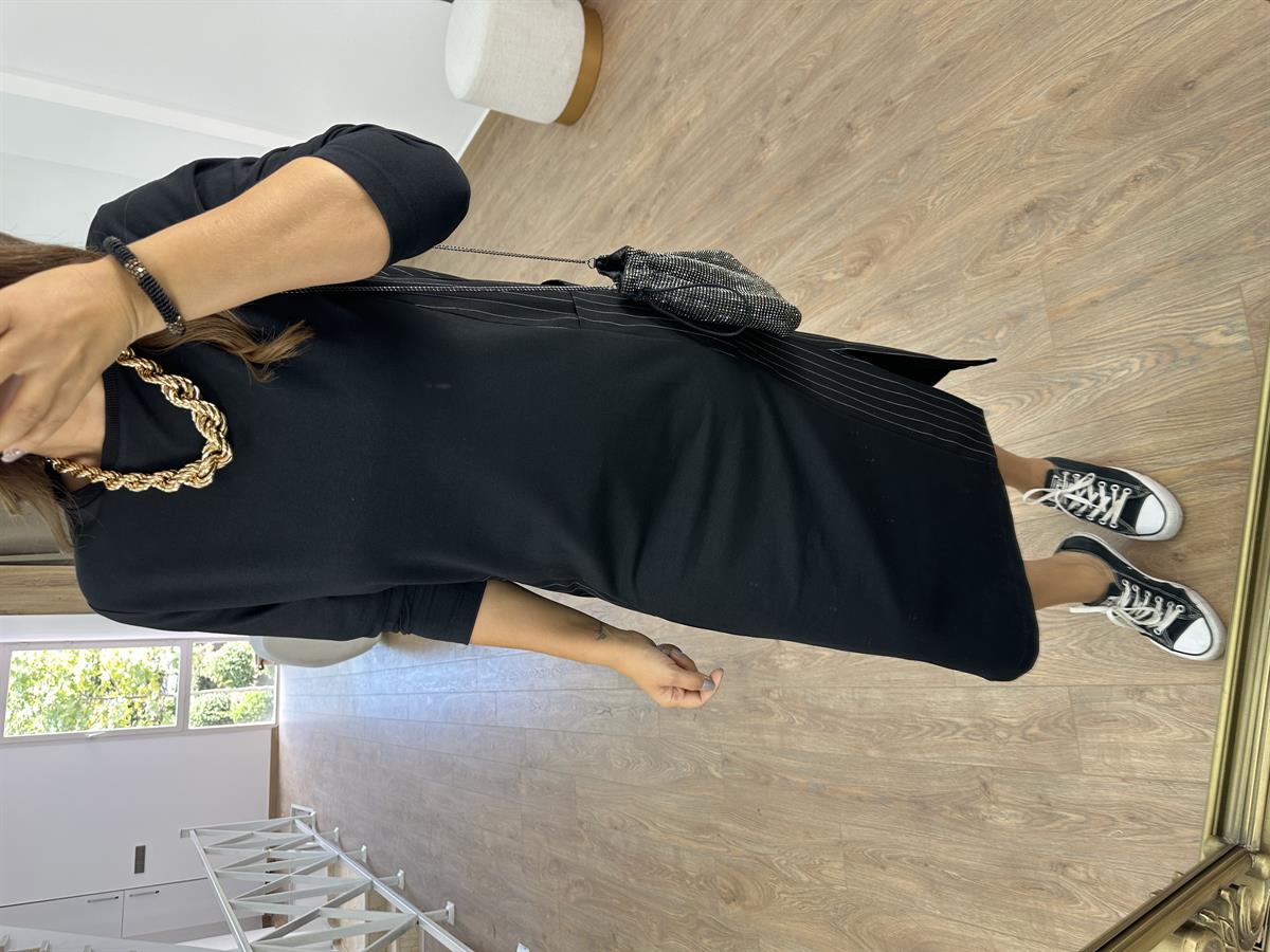 Yanı Cepli Çizgi Detaylı Sweat Elbise-Siyah
