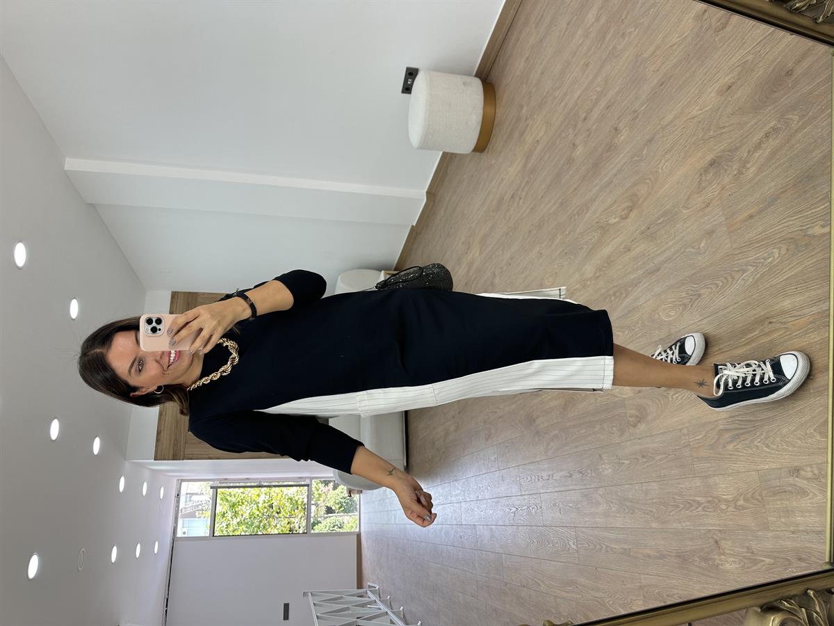 Yanı Cepli Çizgi Detaylı Sweat Elbise-Ekru