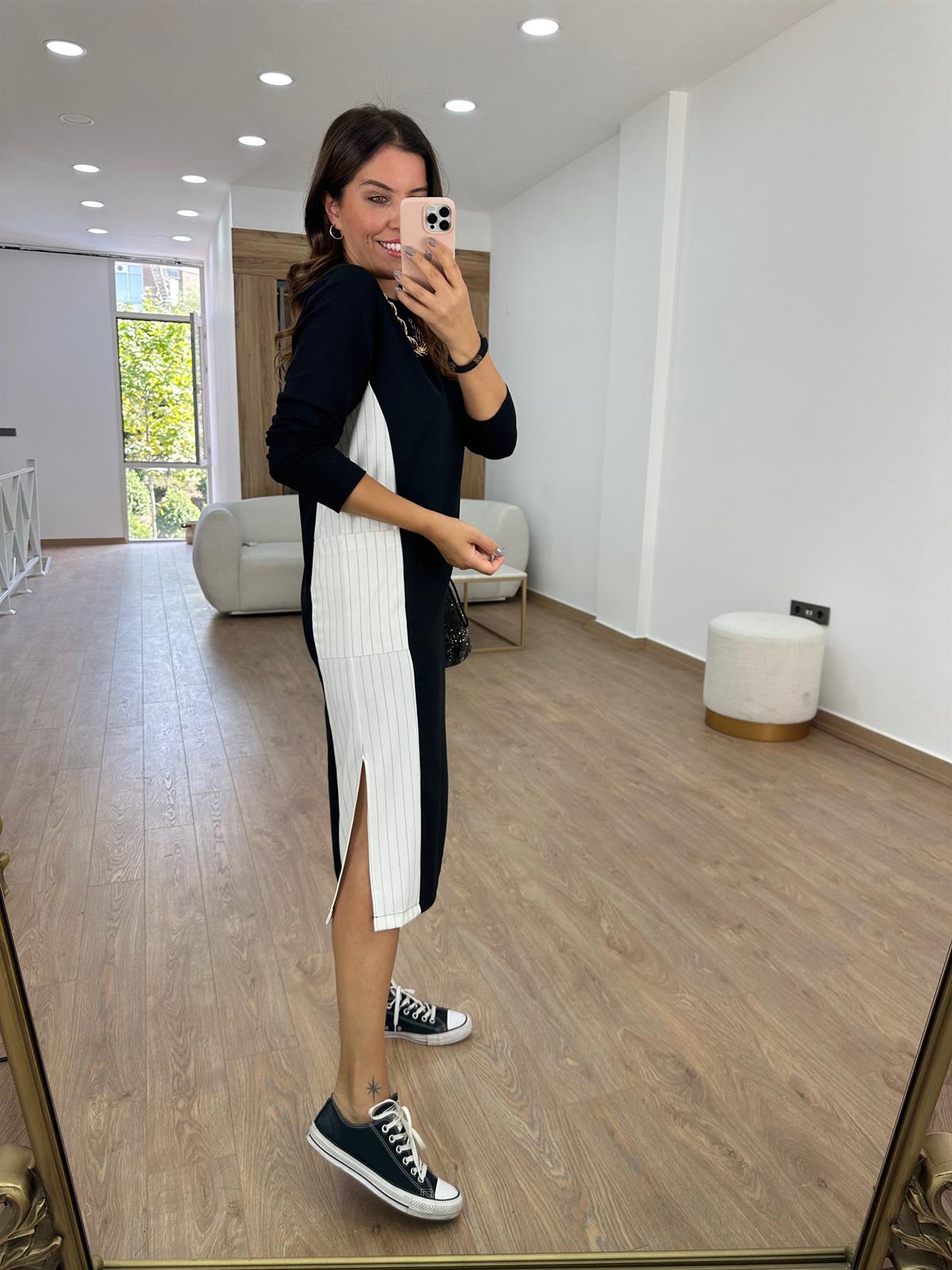 Yanı Cepli Çizgi Detaylı Sweat Elbise-Ekru