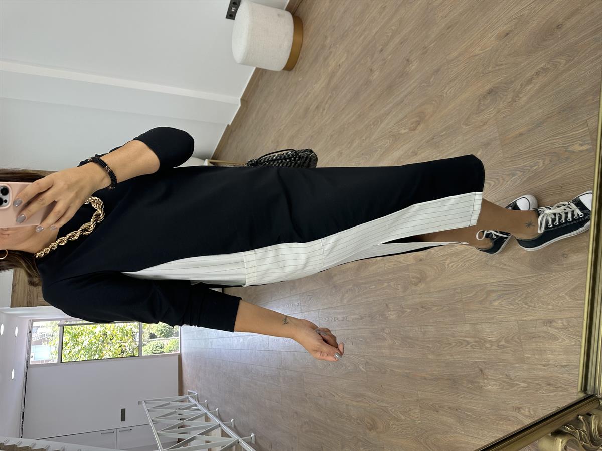 Yanı Cepli Çizgi Detaylı Sweat Elbise-Ekru