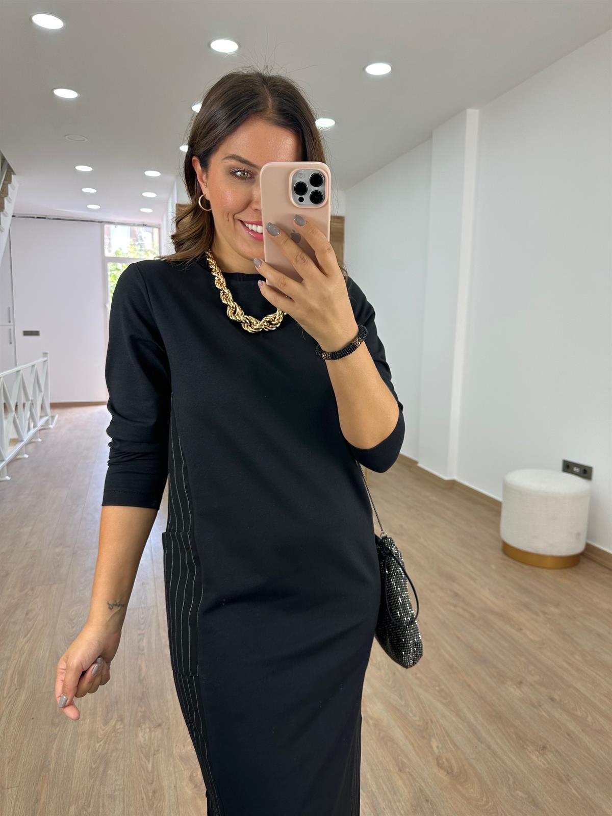 Yanı Cepli Çizgi Detaylı Sweat Elbise-Siyah