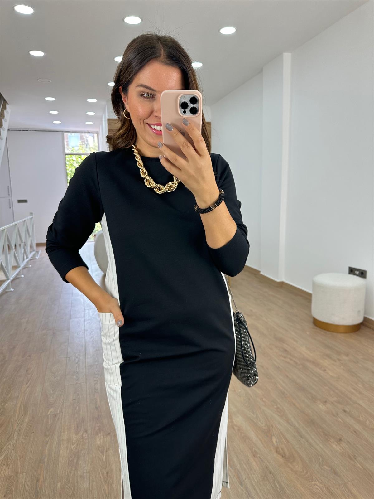 Yanı Cepli Çizgi Detaylı Sweat Elbise-Ekru