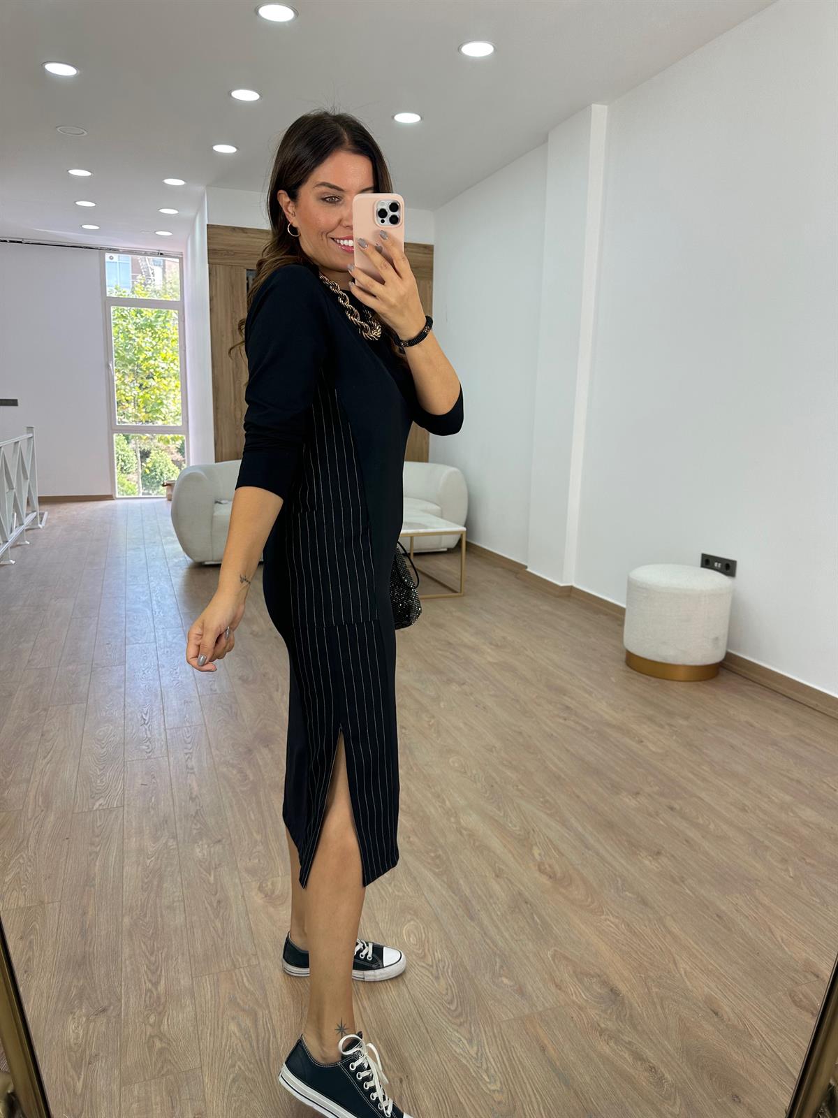 Yanı Cepli Çizgi Detaylı Sweat Elbise-Siyah