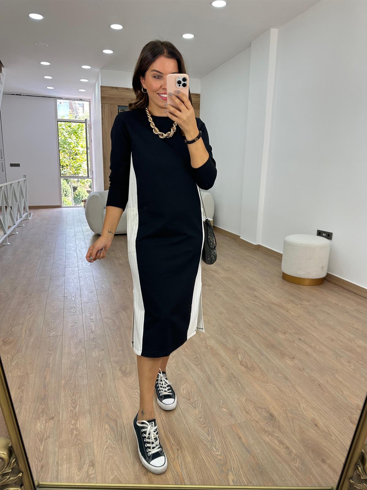 Yanı Cepli Çizgi Detaylı Sweat Elbise-Ekru