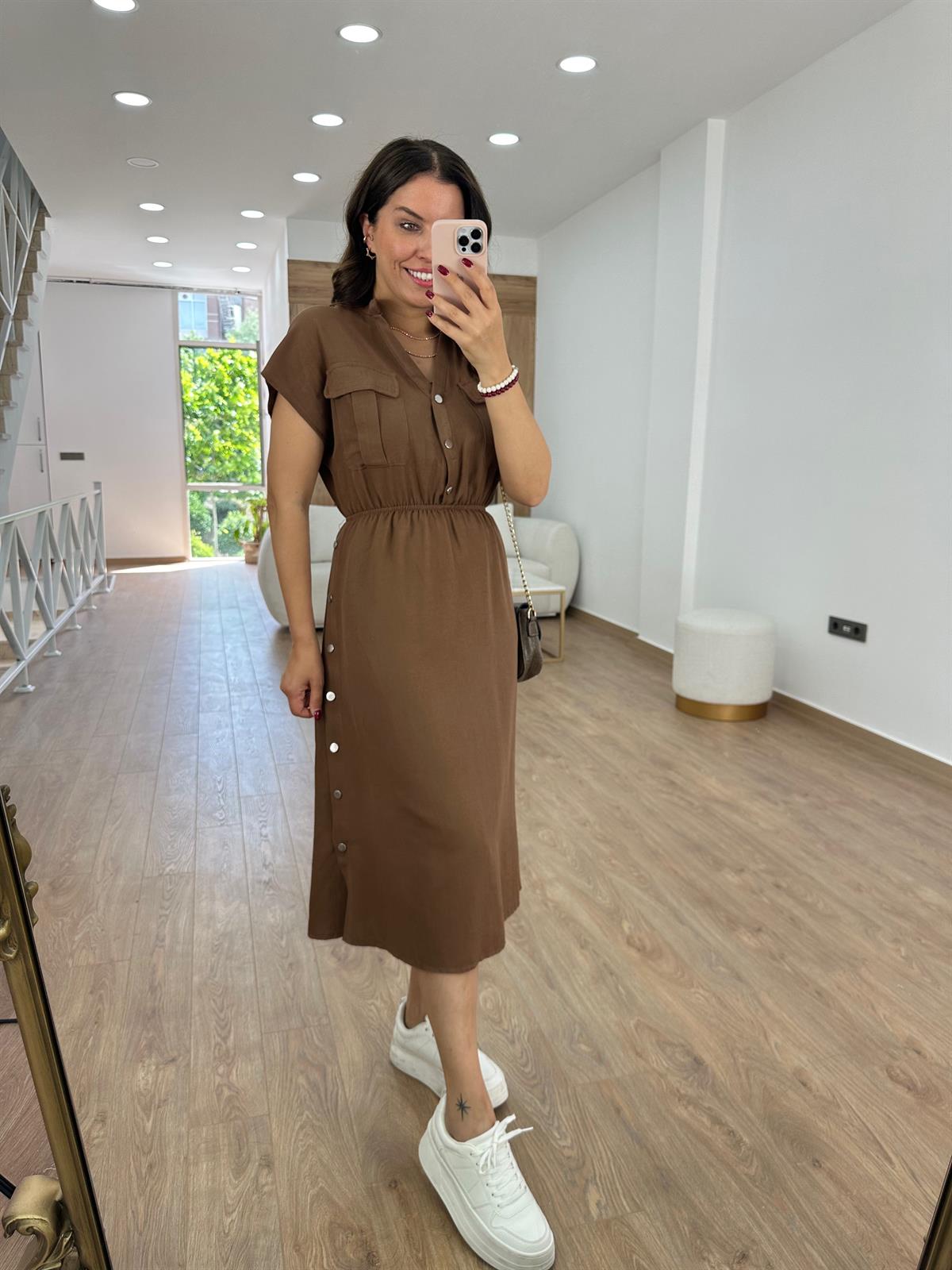 Yanı Çıtçıtlı Tasarım Keten Elbise-Kahve