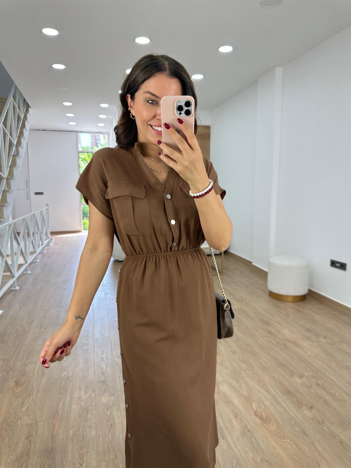 Yanı Çıtçıtlı Tasarım Keten Elbise-Kahve