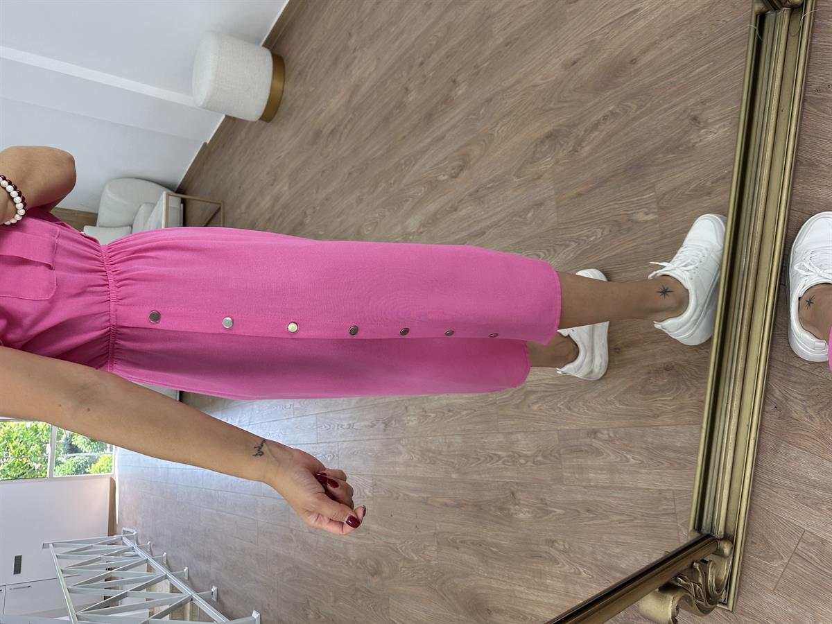 Yanı Çıtçıtlı Tasarım Keten Elbise-Pembe